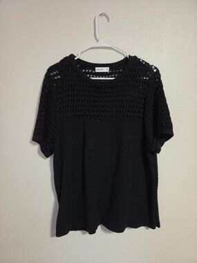 Nine West Black Crochet Open Knit Short Sleeve Sweater Top 0X